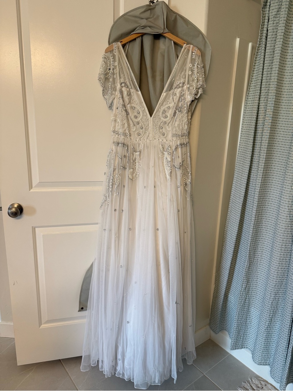 Embellished Ivory-Beige Beaded V-Neck Wedding Gown
